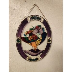 Vintage Stained Glass Victorian Woman Hanging Wall Art, Joan Baker 9×7 Inch